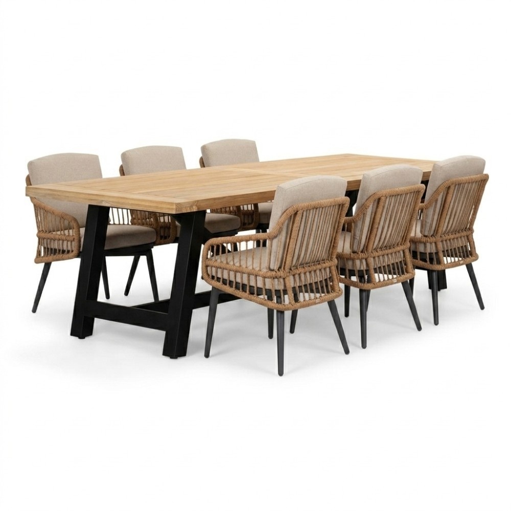 James/Alicante zand dining tuinset | 6 personen | teakhout + wicker | 260cm