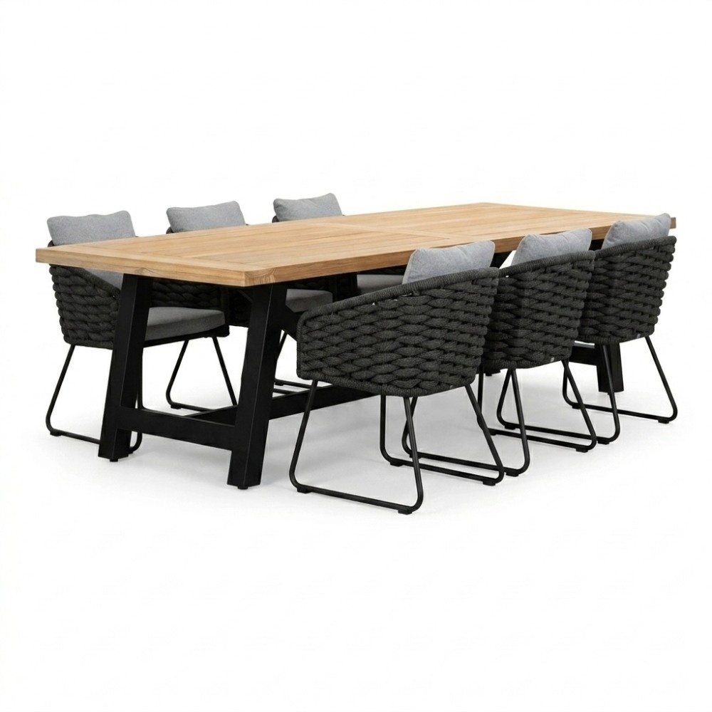 James/Flora Stone Grey dining tuinset | 6 personen | teakhout + touw | 260cm