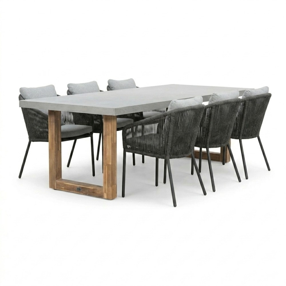 Lausanne/Lexis Stone Grey dining tuinset | 6 personen | polystone + touw | 250cm