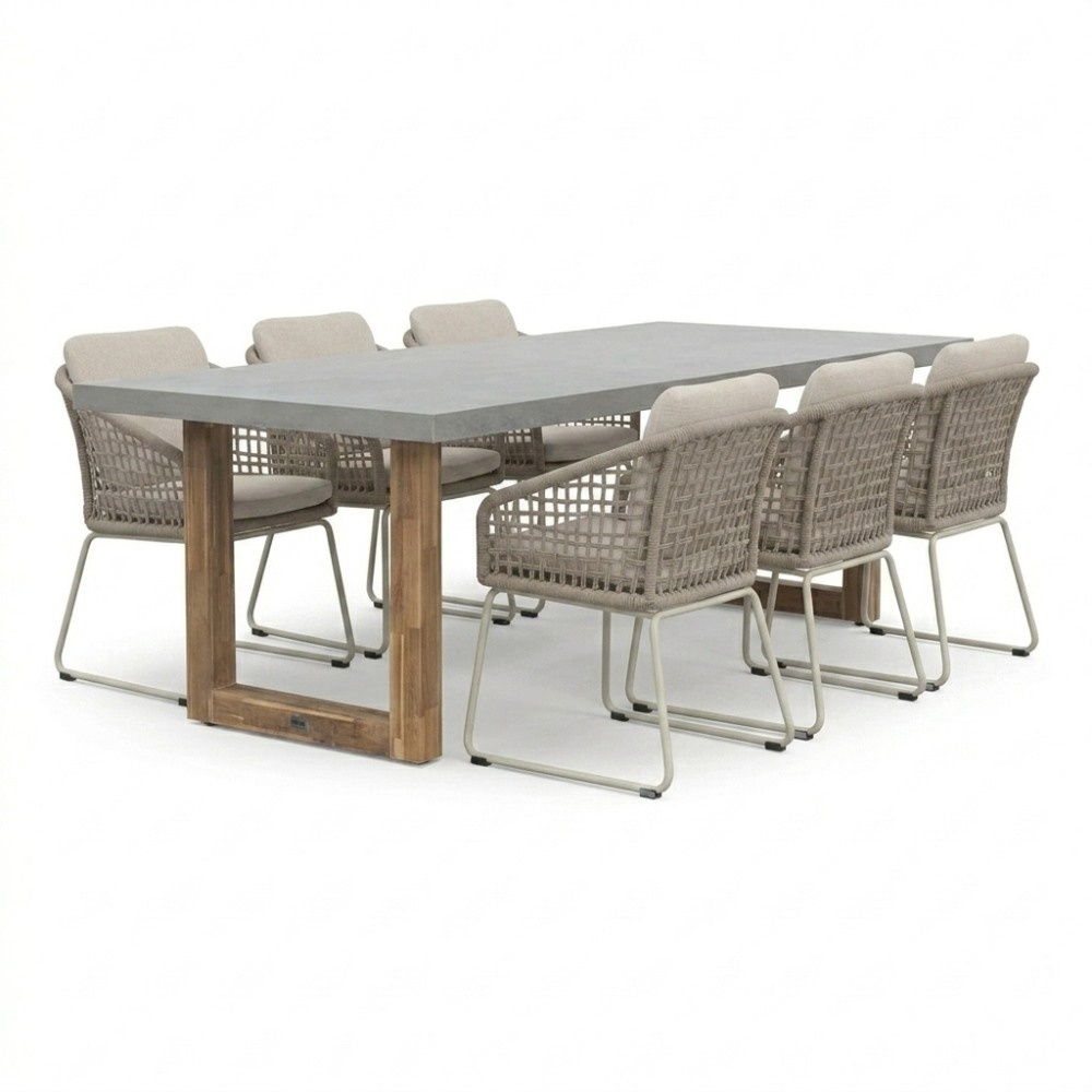 Lausanne/Tulum Almond Beige dining tuinset | 6 personen | polystone + touw | 250cm