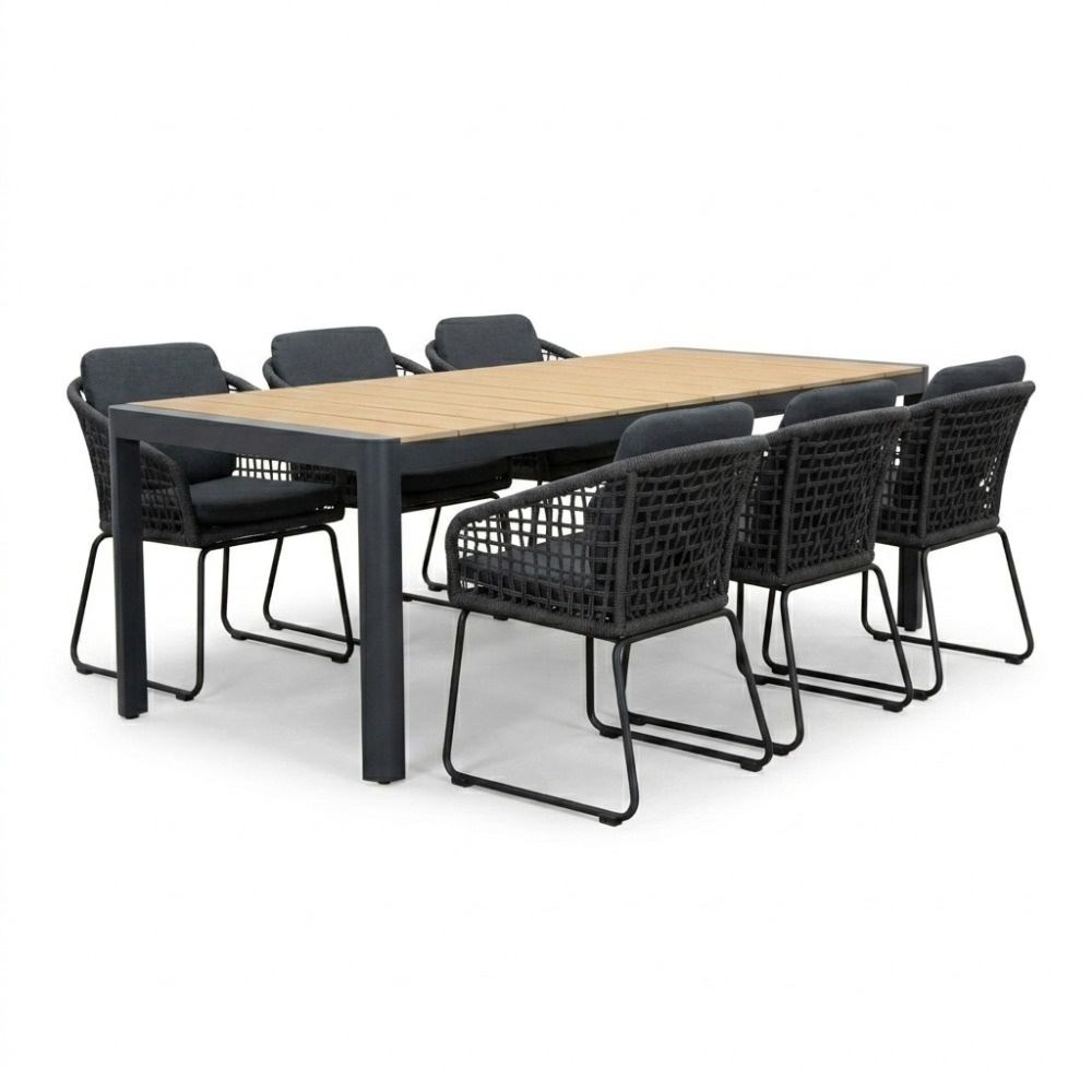 Liverpool/Tulum Lava Grey dining tuinset | 6 personen | polywood + touw | 205cm