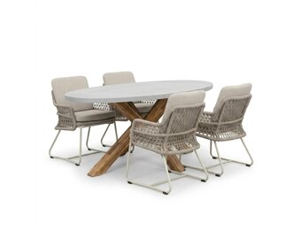 Livorno/Gianna Almond Beige dining tuinset | 4 personen | polystone + touw | 200cm