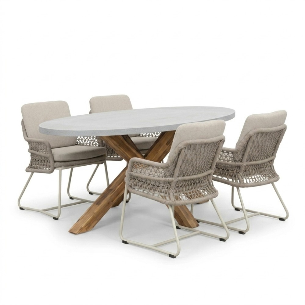 Livorno/Gianna Almond Beige dining tuinset | 4 personen | polystone + touw | 200cm