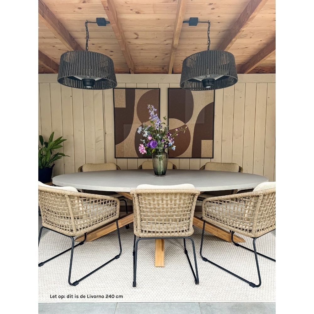 Livorno/Gianna Almond Beige dining tuinset | 4 personen | polystone + touw | 200cm