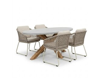 Livorno/Tulum Almond Beige dining tuinset | 4 personen | polystone + touw | 200cm