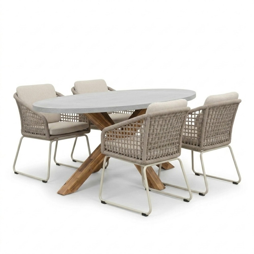 Livorno/Tulum Almond Beige dining tuinset | 4 personen | polystone + touw | 200cm
