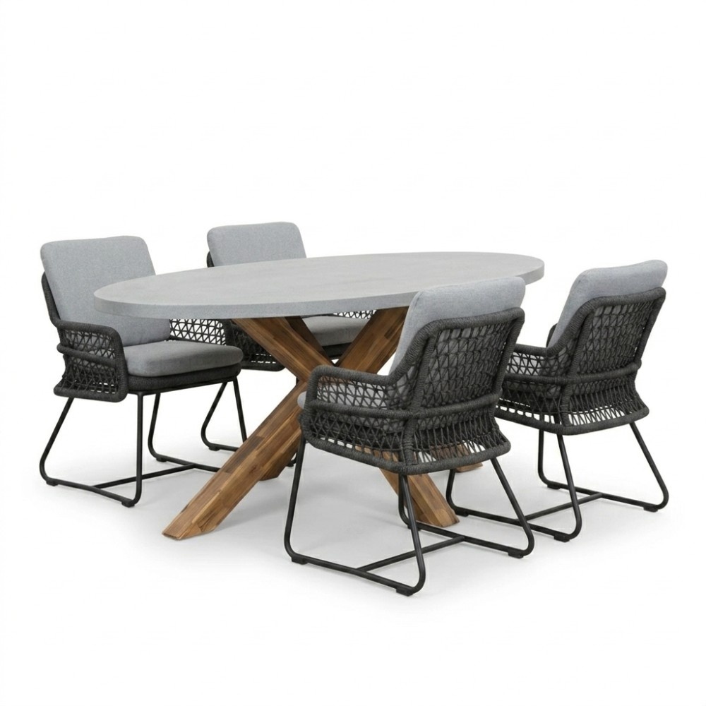 Livorno/Gianna Stone Grey dining tuinset | 4 personen | polystone + touw | 200cm