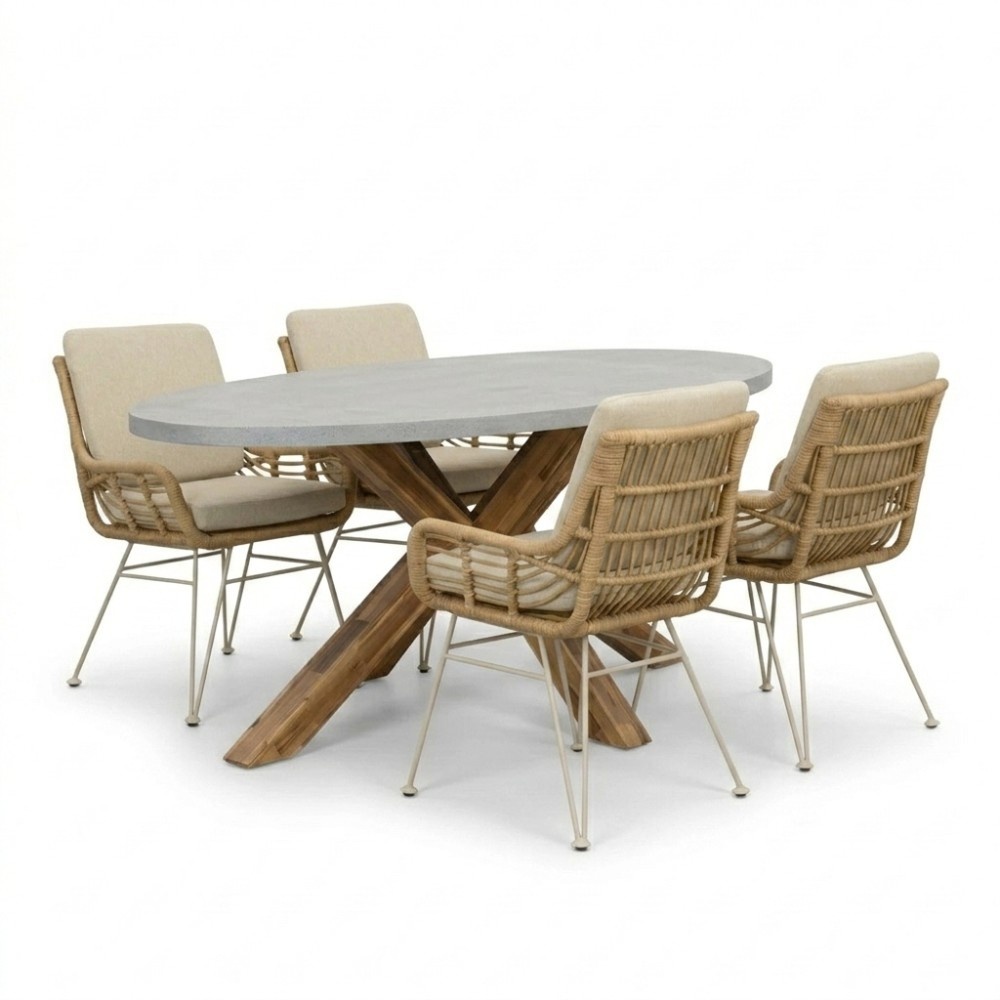 Livorno/Carlos beige dining tuinset | 4 personen | polystone + wicker | 200cm