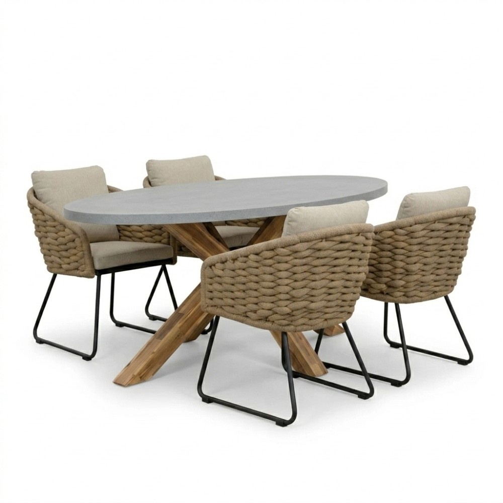 Livorno/Flora Sahara Dust dining tuinset | 4 personen | polystone + touw | 200cm