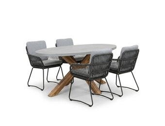 Livorno/Harper Stone Grey dining tuinset | 4 personen | polystone + touw | 200cm