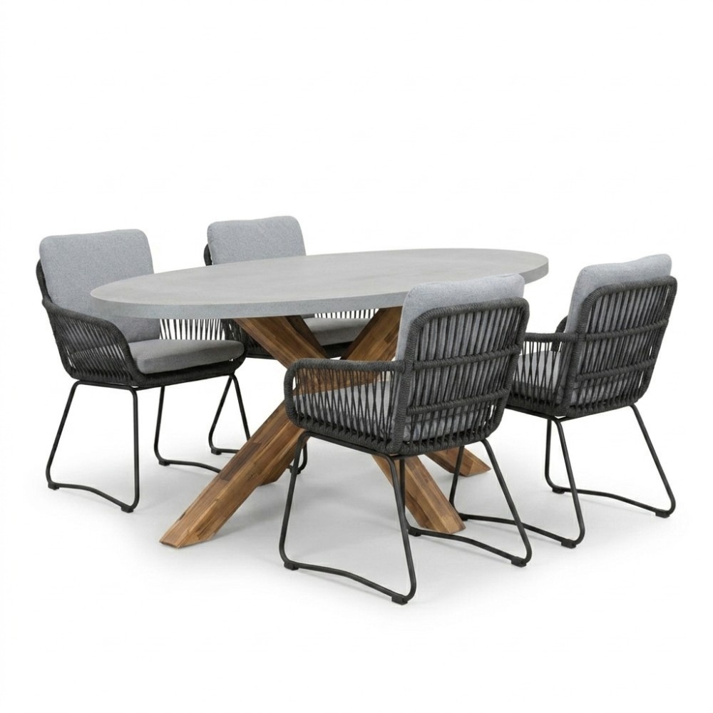 Livorno/Harper Stone Grey dining tuinset | 4 personen | polystone + touw | 200cm
