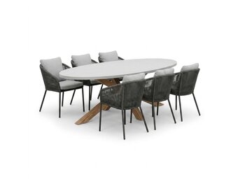 Livorno/Lexis Stone Grey dining tuinset | 6 personen | polystone + touw | 240cm