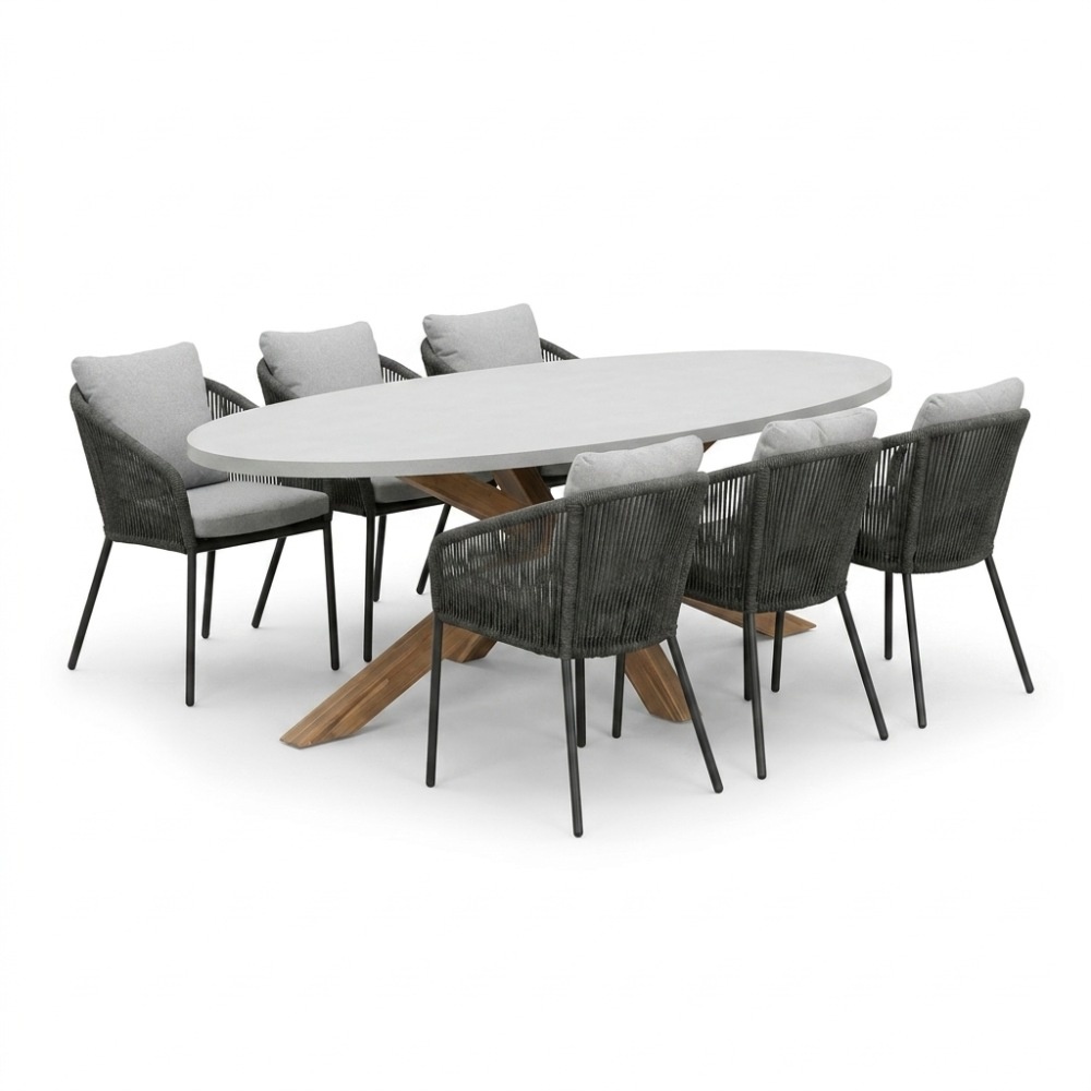 Livorno/Lexis Stone Grey dining tuinset | 6 personen | polystone + touw | 240cm