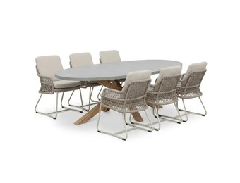 Livorno/Gianna Almond Beige dining tuinset | 6 personen | polystone + touw | 240cm