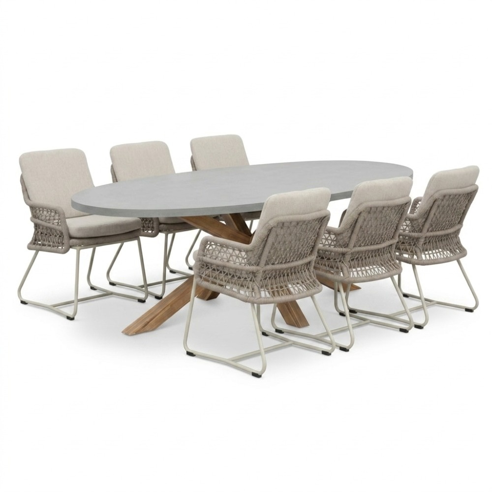 Livorno/Gianna Almond Beige dining tuinset | 6 personen | polystone + touw | 240cm