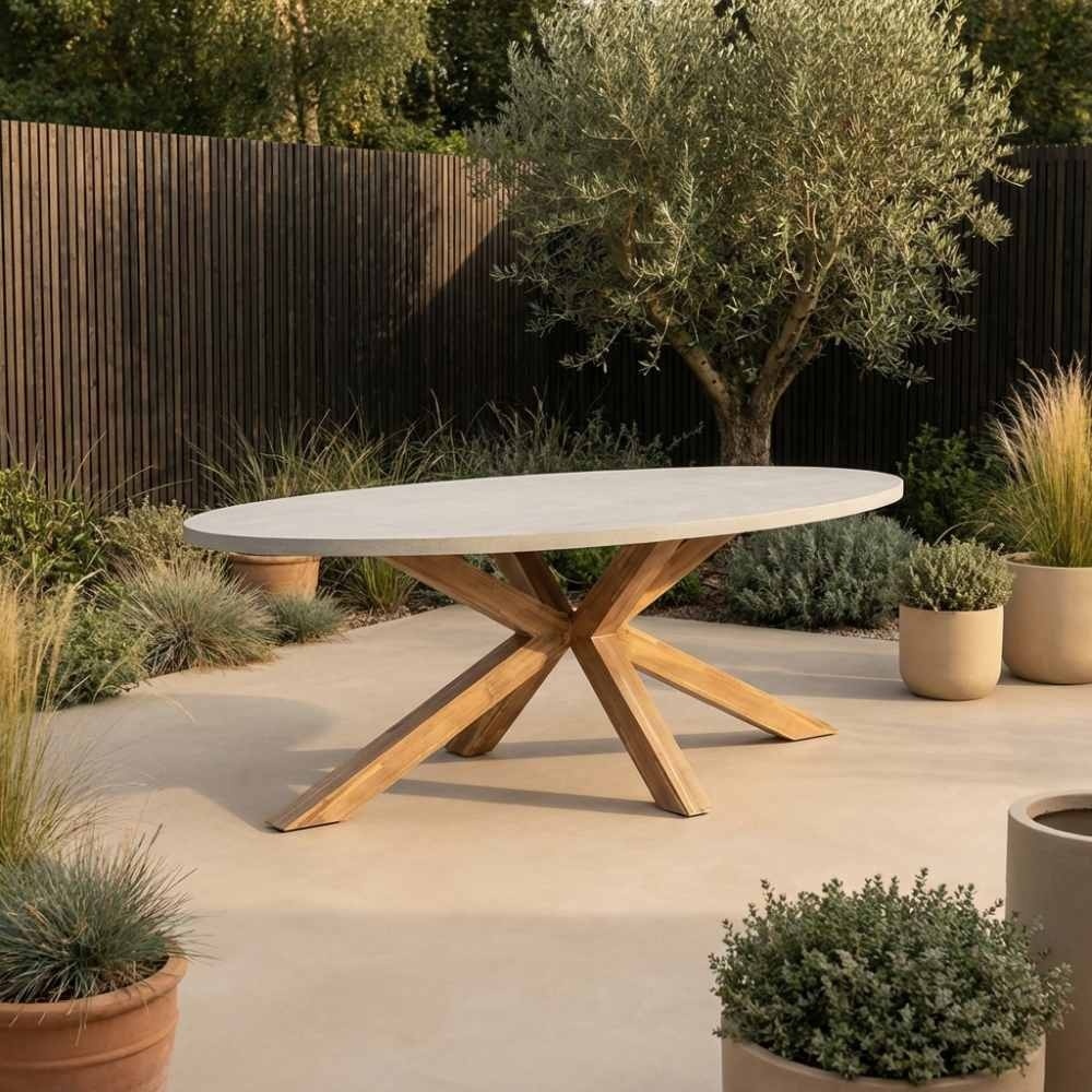 Livorno/Gianna Almond Beige dining tuinset | 6 personen | polystone + touw | 240cm