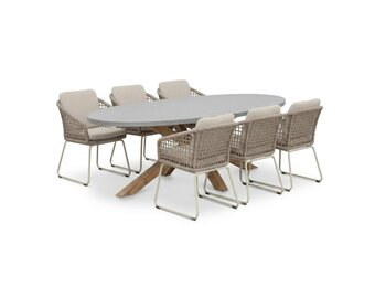 Livorno/Tulum Almond Beige dining tuinset | 6 personen | polystone + touw | 240cm