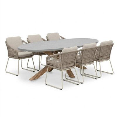 Livorno/Tulum Almond Beige dining tuinset | 6 personen | polystone + touw | 240cm