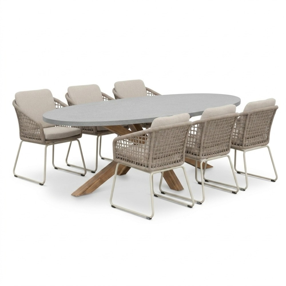 Livorno/Tulum Almond Beige dining tuinset | 6 personen | polystone + touw | 240cm