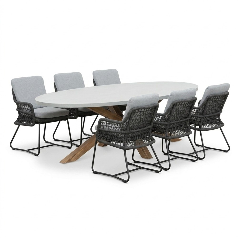 Livorno/Gianna Stone Grey dining tuinset | 6 personen | polystone + touw | 240cm