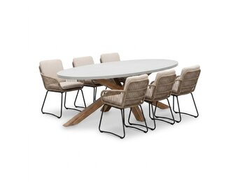 Livorno/Harper Sahara Dust dining tuinset | 6 personen | polystone + touw | 240cm