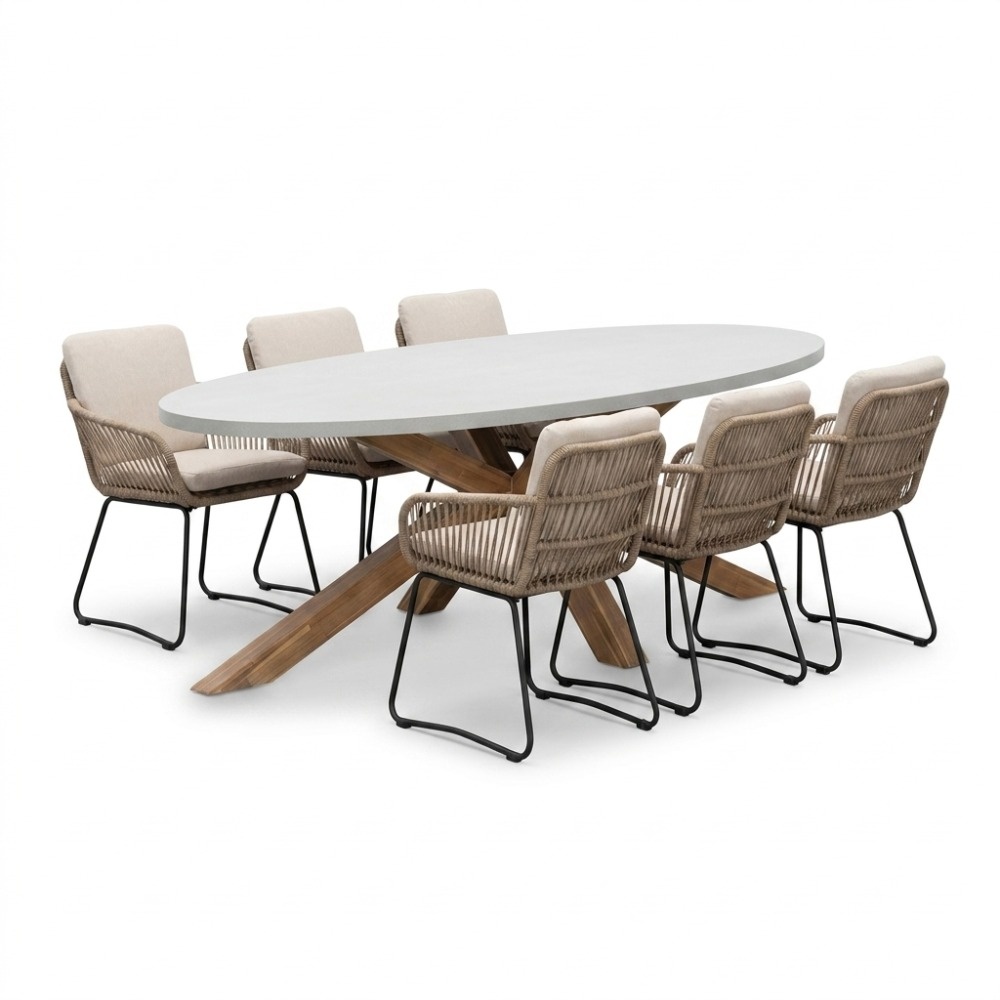 Livorno/Harper Sahara Dust dining tuinset | 6 personen | polystone + touw | 240cm