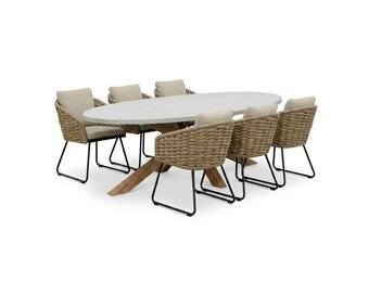Livorno/Flora Sahara Dust dining tuinset | 6 personen | polystone + touw | 240cm
