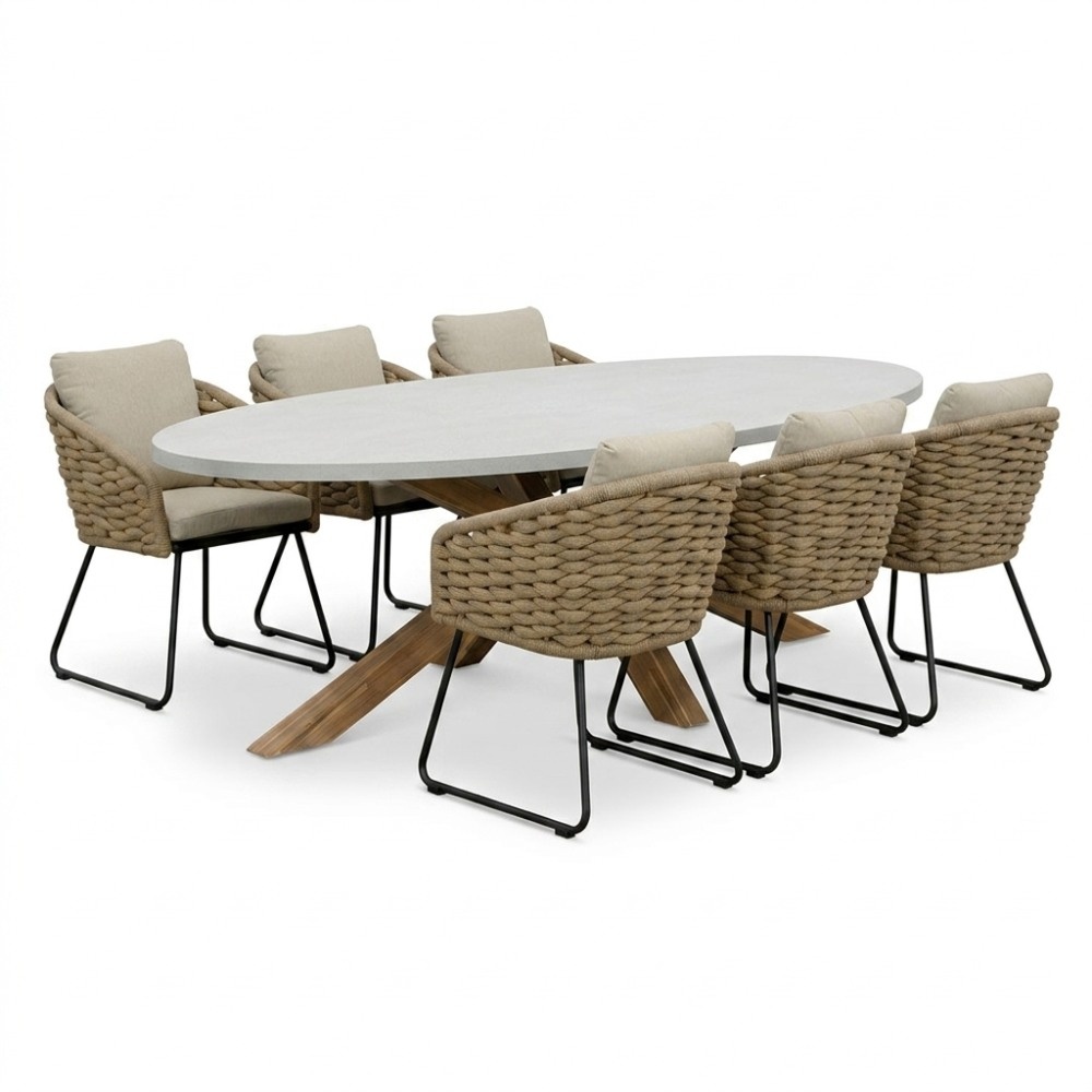 Livorno/Flora Sahara Dust dining tuinset | 6 personen | polystone + touw | 240cm