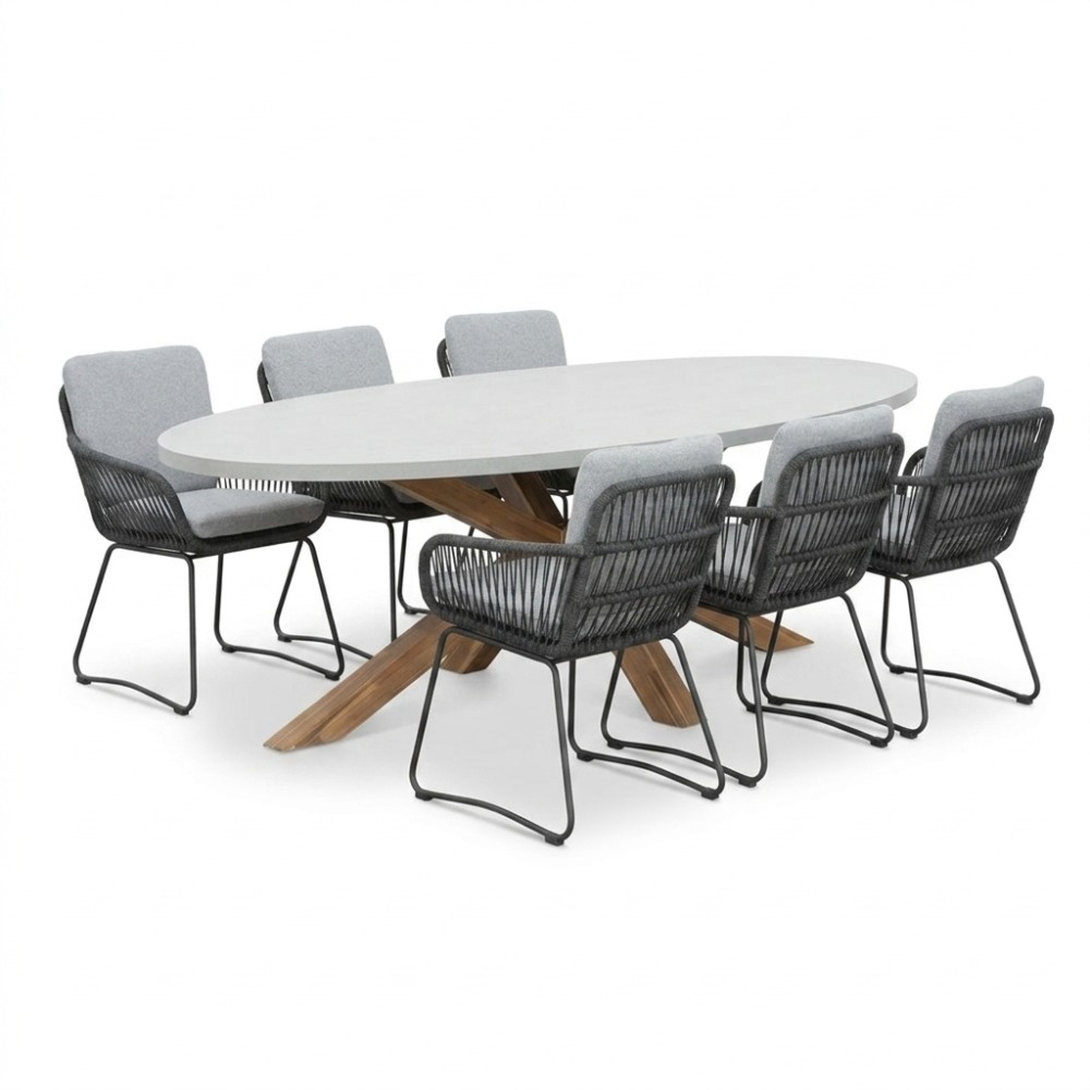 Livorno/Harper Stone Grey dining tuinset | 6 personen | polystone + touw | 240cm