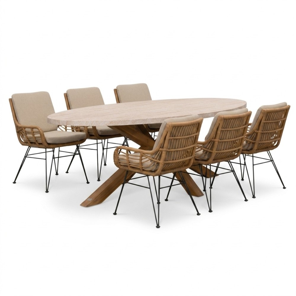 Lorento/Carlos taupe dining tuinset | 6 personen | polystone + wicker | 240cm