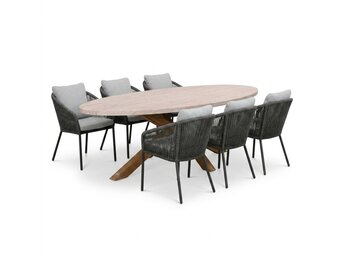 Lorento/Lexis Stone Grey dining tuinset | 6 personen | polystone + touw | 240cm