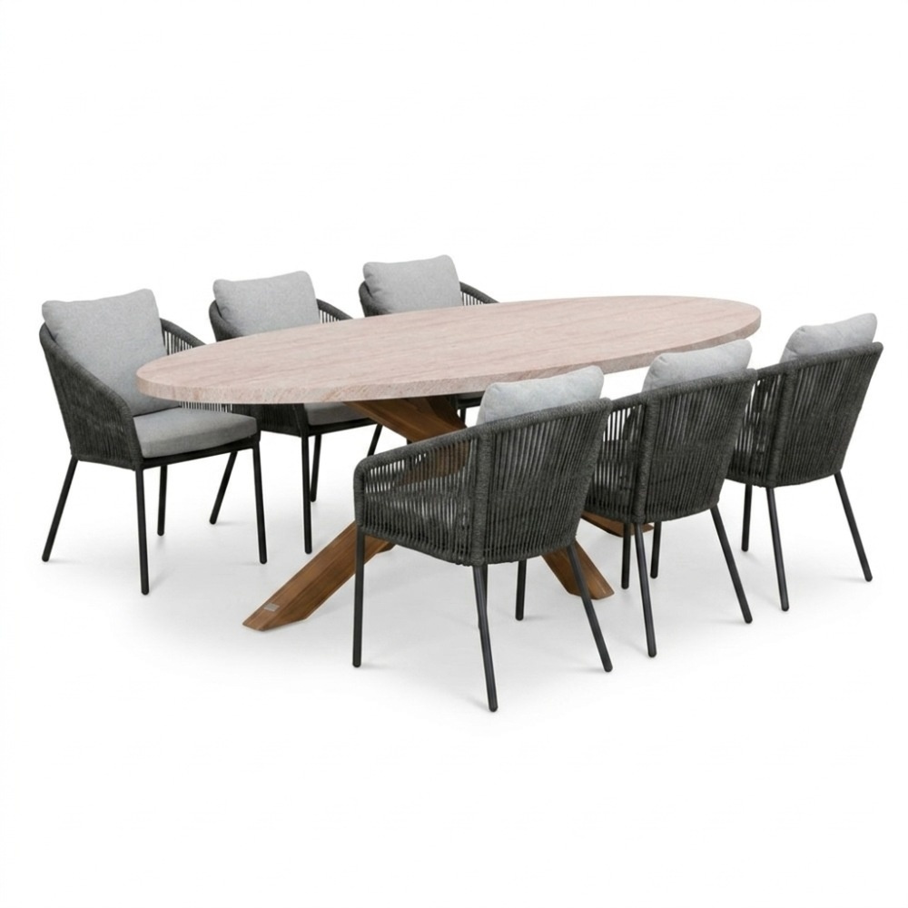 Lorento/Lexis Stone Grey dining tuinset | 6 personen | polystone + touw | 240cm