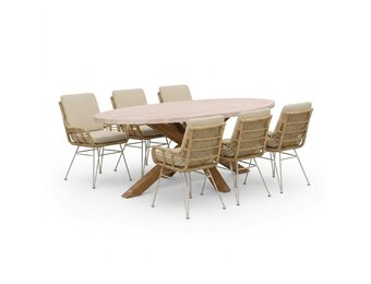 Lorento/Carlos beige dining tuinset | 6 personen | polystone + wicker | 240cm