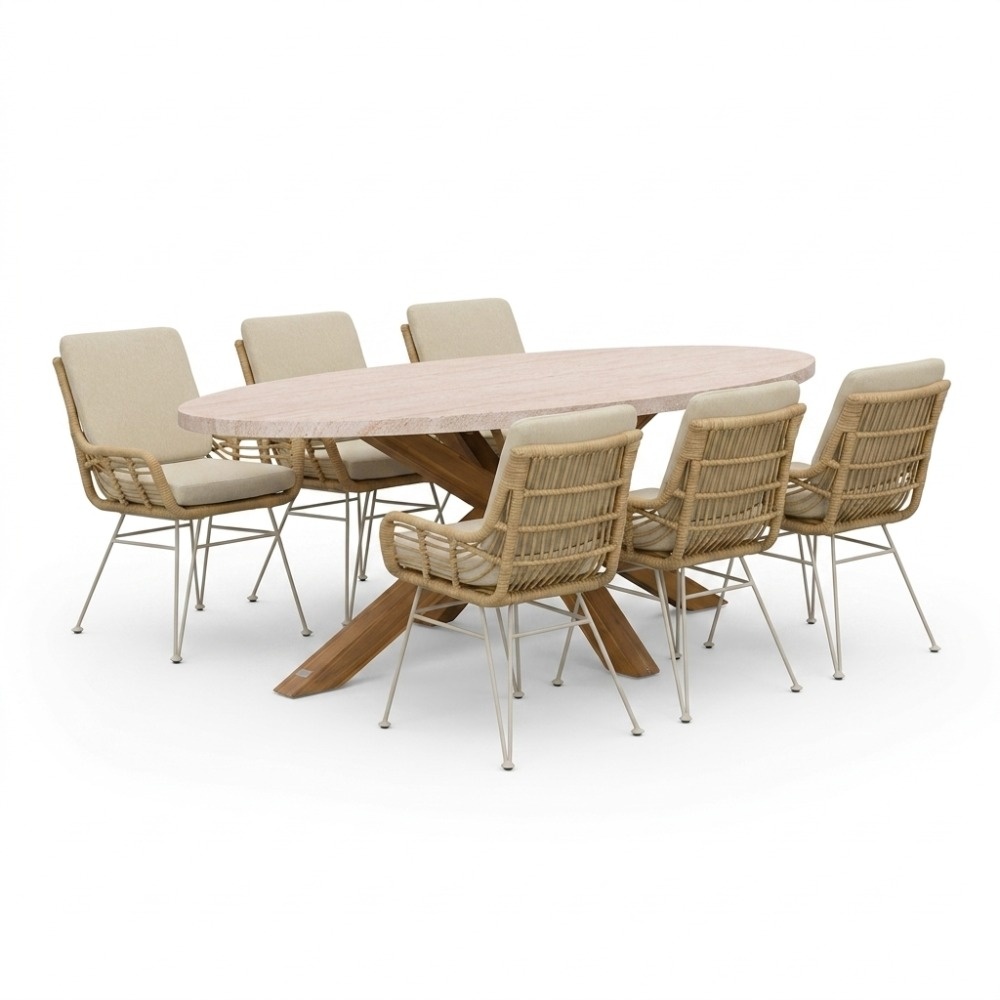 Lorento/Carlos beige dining tuinset | 6 personen | polystone + wicker | 240cm