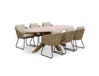 Lorento/Flora Sahara Dust dining tuinset | 6 personen | polystone + touw | 240cm
