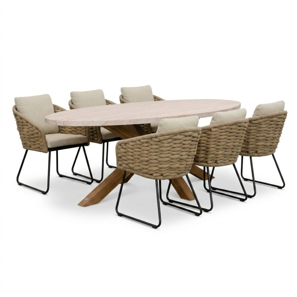 Lorento/Flora Sahara Dust dining tuinset | 6 personen | polystone + touw | 240cm