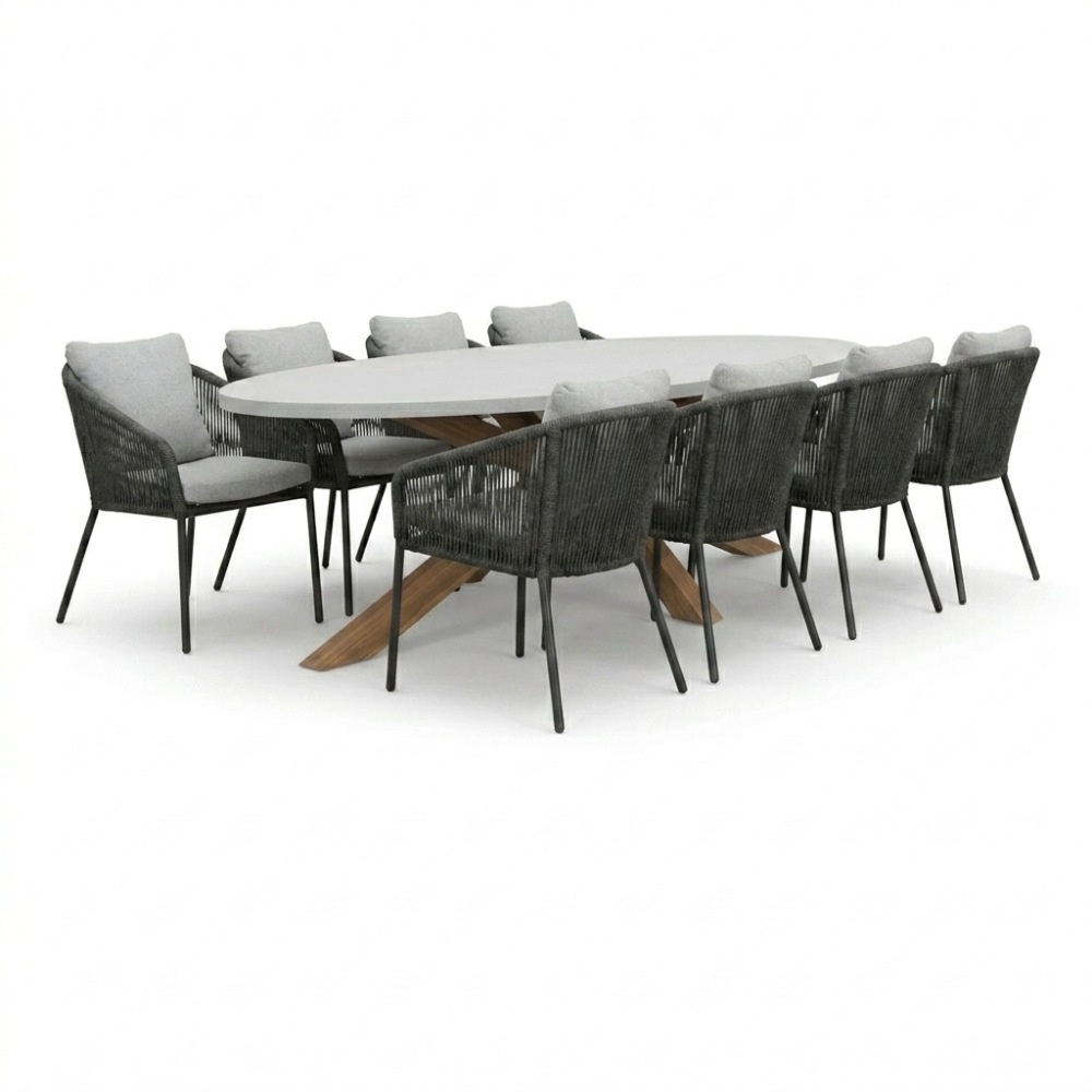 Livorno/Lexis Stone Grey dining tuinset | 8 personen | polystone + touw | 280cm