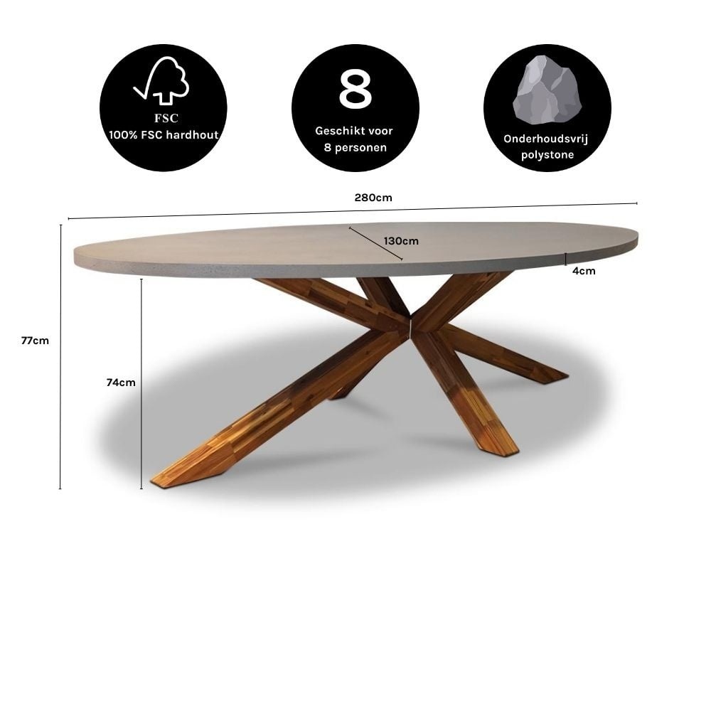 Livorno/Lexis Stone Grey dining tuinset | 8 personen | polystone + touw | 280cm