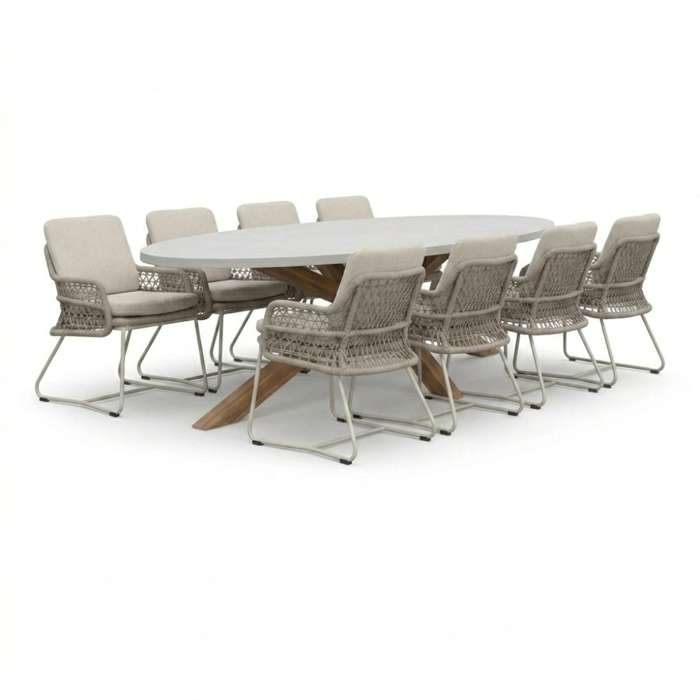 Livorno/Gianna Almond Beige dining tuinset | 8 personen | polystone + touw | 280cm
