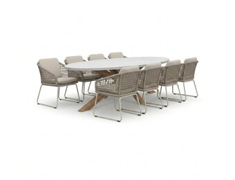 Livorno/Tulum Almond Beige dining tuinset | 8 personen | polystone + touw | 280cm