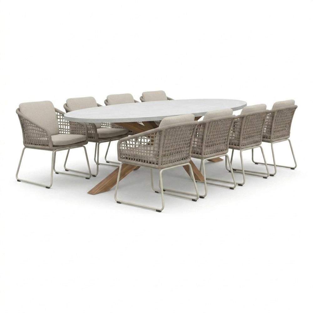Livorno/Tulum Almond Beige dining tuinset | 8 personen | polystone + touw | 280cm