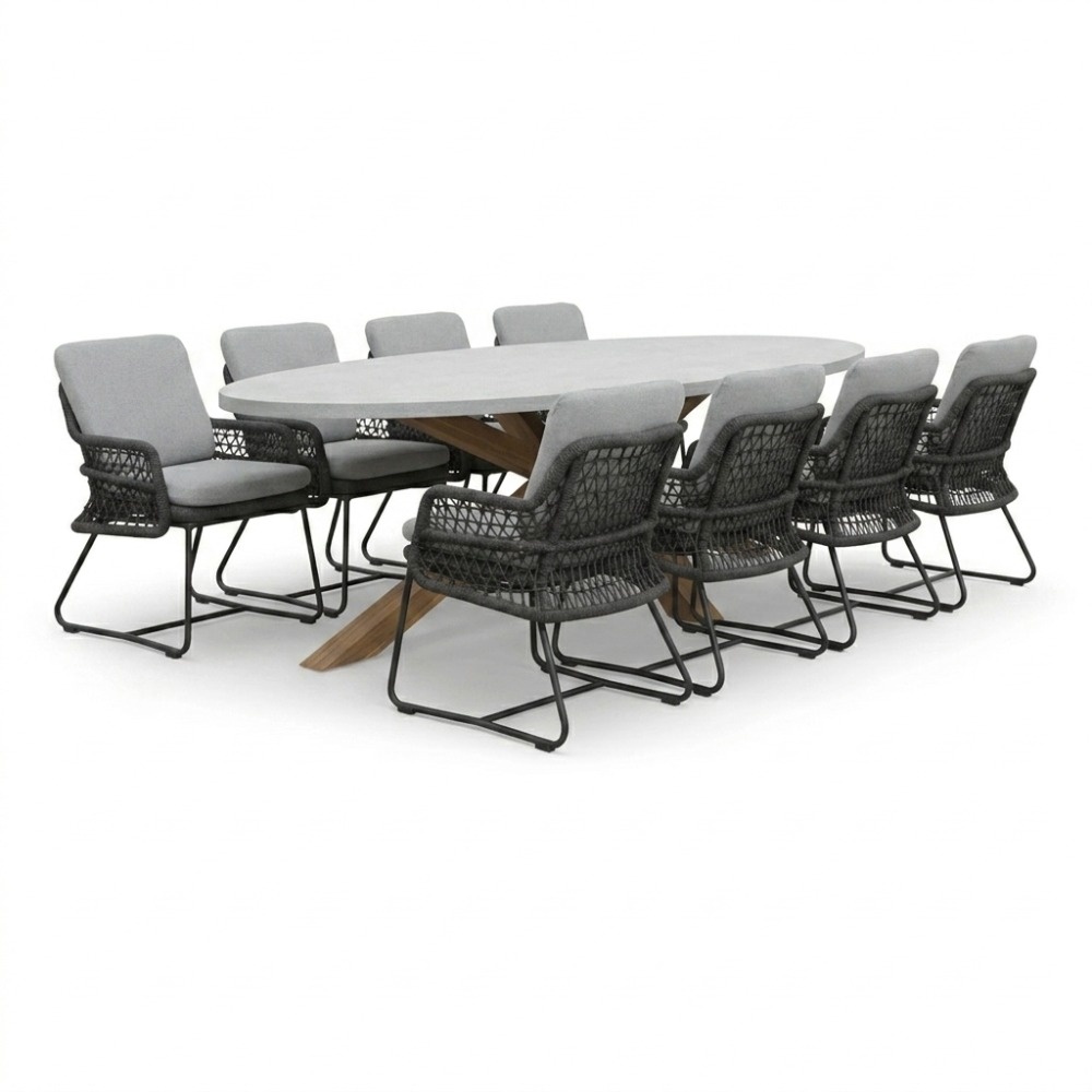 Livorno/Gianna Stone Grey dining tuinset | 8 personen | polystone + touw | 280cm