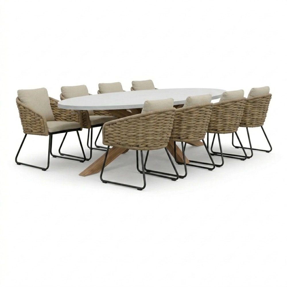 Livorno/Flora Sahara Dust dining tuinset | 8 personen | polystone + touw | 280cm