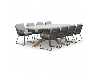 Livorno/Harper Stone Grey dining tuinset | 8 personen | polystone + touw | 280cm