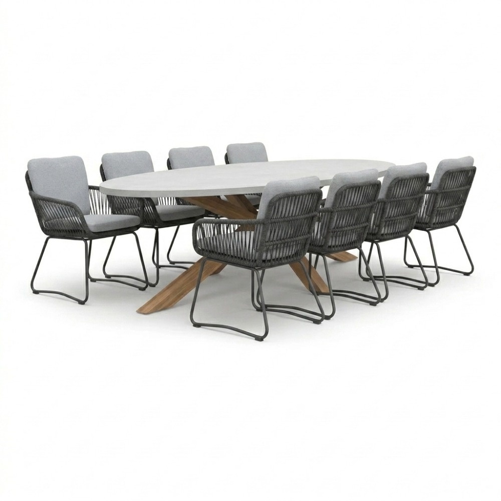 Livorno/Harper Stone Grey dining tuinset | 8 personen | polystone + touw | 280cm