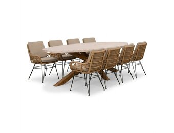 Lorento/Carlos taupe dining tuinset | 8 personen | polystone + wicker | 280cm