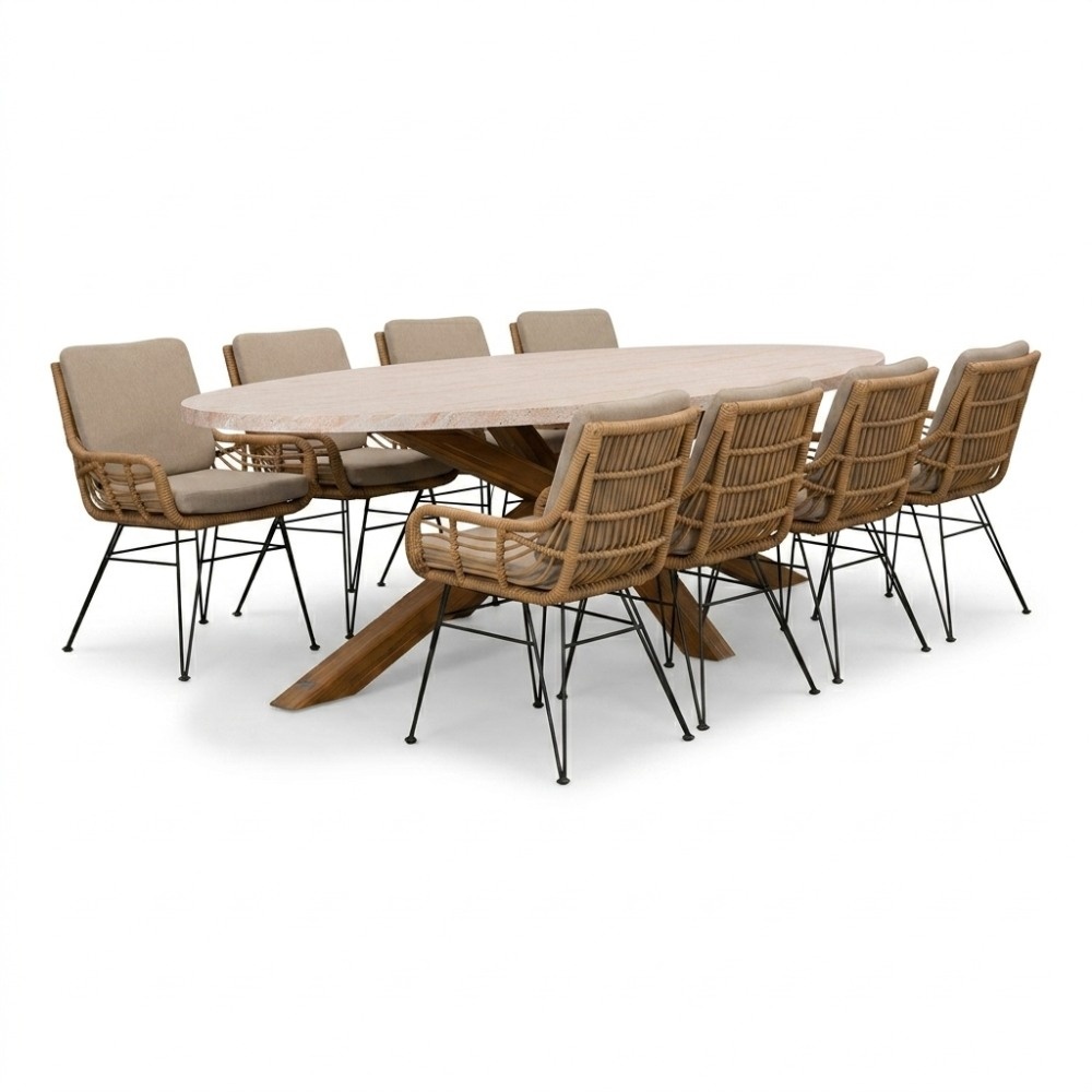 Lorento/Carlos taupe dining tuinset | 8 personen | polystone + wicker | 280cm