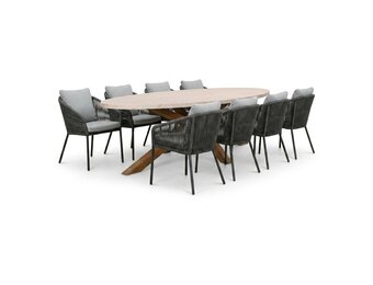 Lorento/Lexis Stone Grey dining tuinset | 8 personen | polystone + touw | 280cm