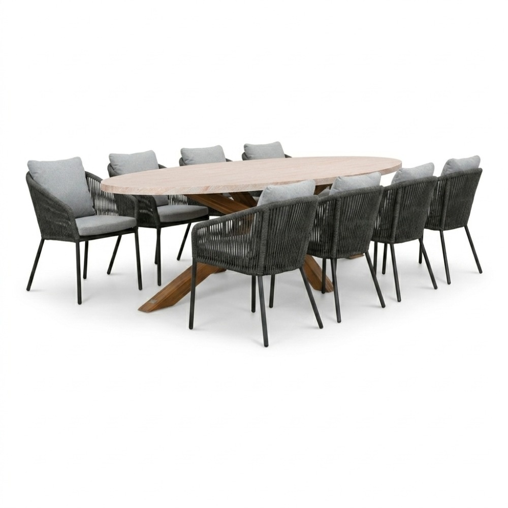 Lorento/Lexis Stone Grey dining tuinset | 8 personen | polystone + touw | 280cm