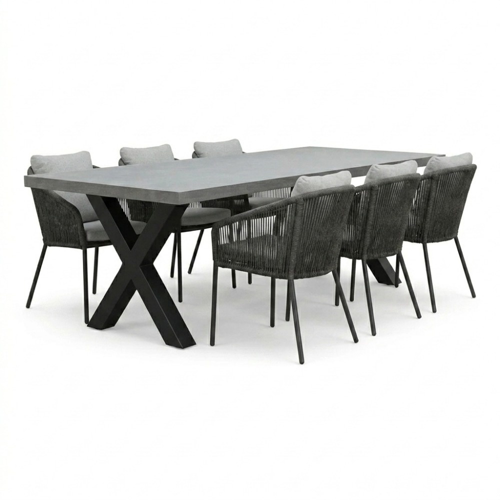 Lyon/Lexis Stone Grey dining tuinset | 6 personen | polystone + touw | 250cm